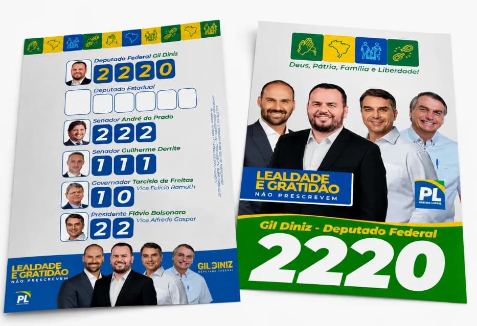 Santinhos da campanha de Gil Diniz — frente e verso, número 2220